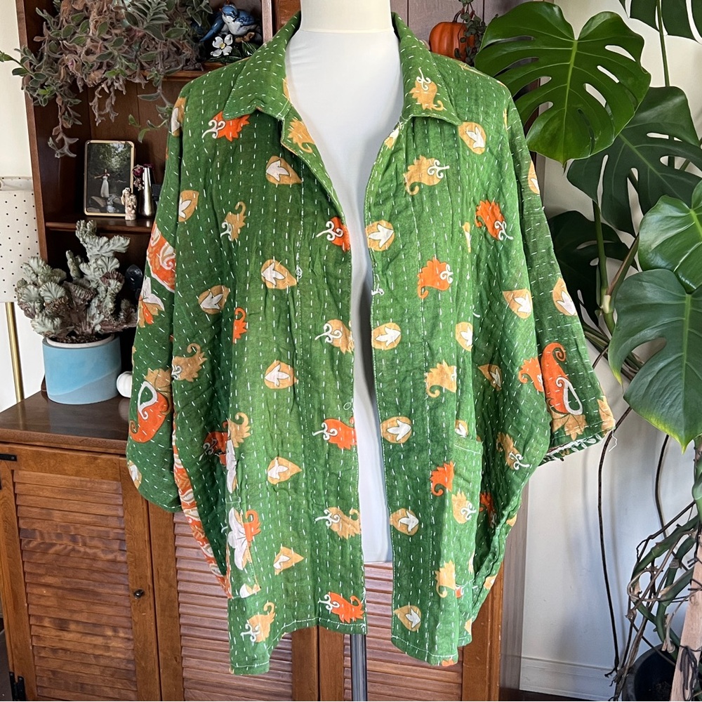 Shes1Oak Kantha Reversible Green/Purple Short Kimono  Open Shacket NWOT